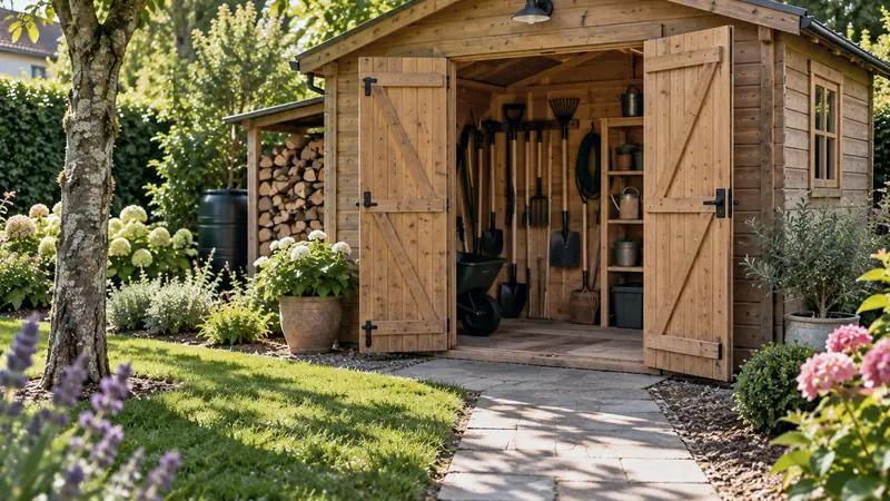 Abri de jardin en bois avec porte double dans un jardin arboré