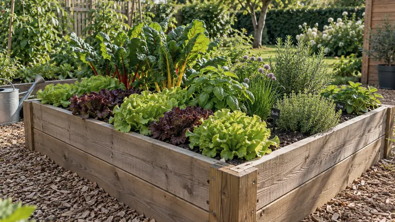 Carré potager en bois rempli de salades et d'aromatiques