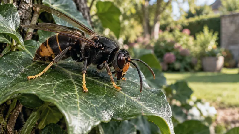 Frelon asiatique à pattes jaunes posé sur une feuille