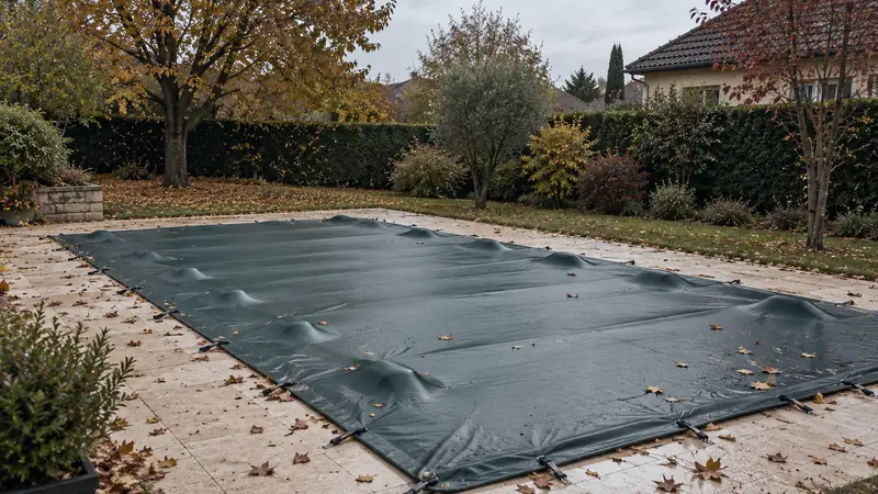 Piscine enterrée couverte d'une bâche d'hivernage dans un jardin d'automne
