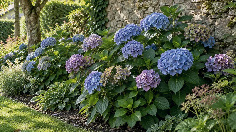 Massif d'hortensias aux fleurs bleues et roses à mi-ombre