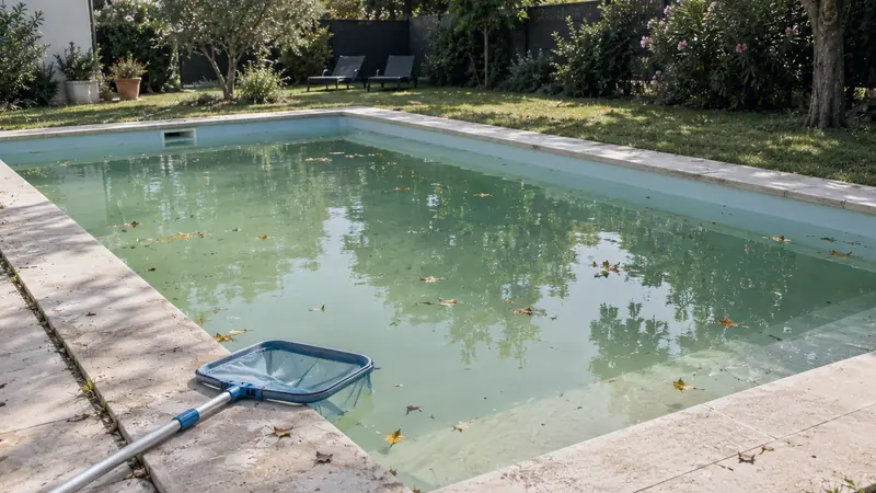 Bassin de piscine à l'eau trouble et verdâtre avant traitement