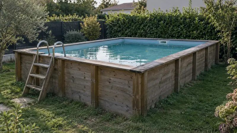 Piscine hors sol en bois avec échelle dans un jardin engazonné