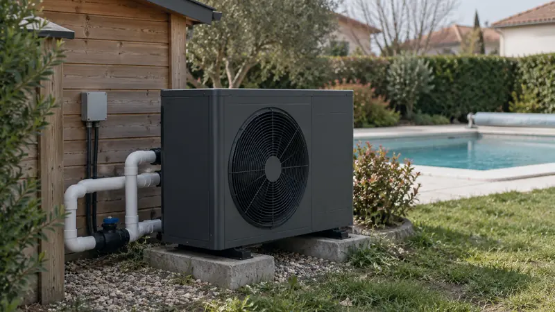 Pompe à chaleur de piscine installée près d'un local technique, bassin en arrière-plan