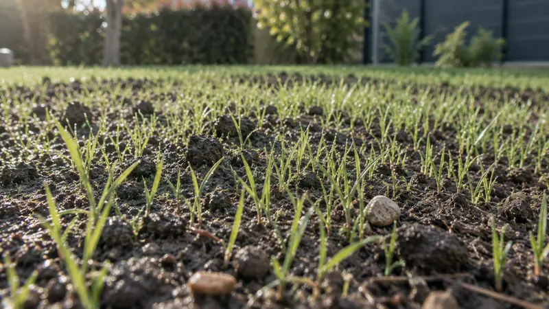 Jeunes pousses de gazon fraîchement levées sur une terre fine