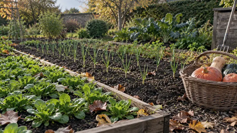 Planches de potager en automne avec jeunes plants de mâche et caïeux d'ail