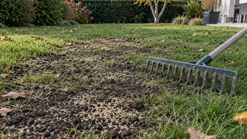 Pelouse en cours de regarnissage avec des graines de gazon semées sur une zone clairsemée