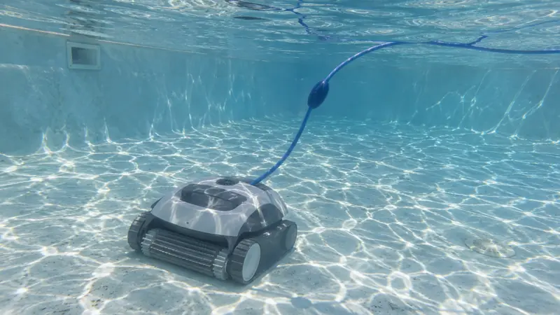 Robot nettoyeur de piscine au fond d'un bassin à l'eau claire