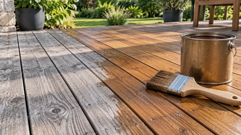 Application de saturateur au pinceau sur des lames de terrasse en bois