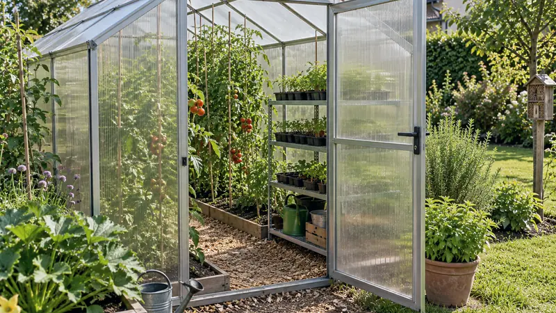Serre de jardin en polycarbonate avec semis et plants de tomates