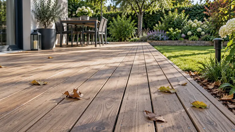 Terrasse en lames de bois posée sur lambourdes au bord d'un jardin