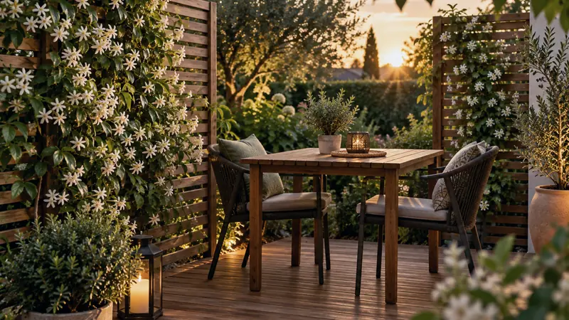 Terrasse en bois protégée par des claustras et des plantes grimpantes