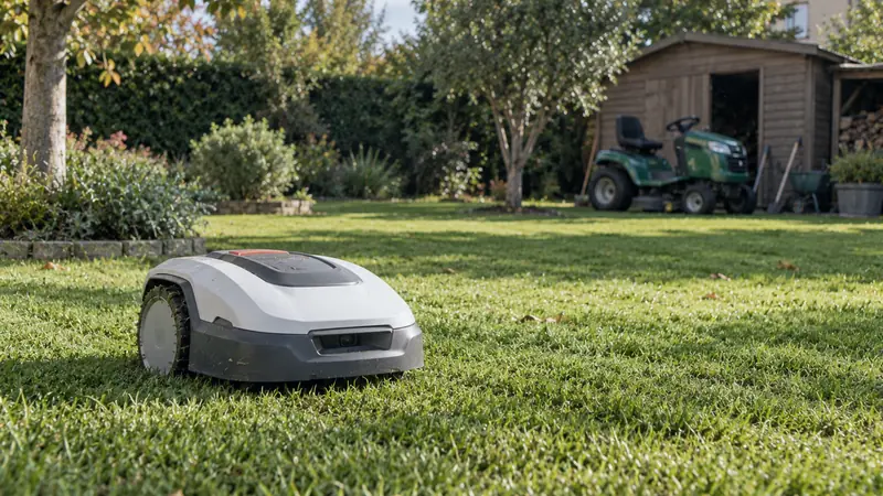 Tondeuse robot sur une pelouse et tracteur tondeuse en arrière-plan