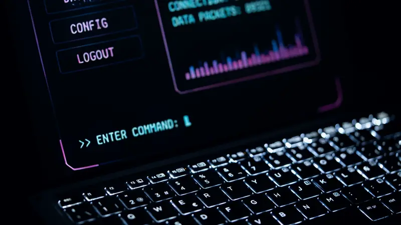 Ordinateur portable au clavier rétroéclairé dont l'écran sombre invite à saisir une commande